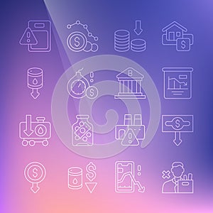 Set line Employee dismissal, Dollar rate decrease, Pie chart infographic, Money bomb dollar crisis, Drop crude oil price