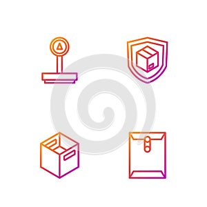 Set line Envelope, Carton cardboard box, Scale and Delivery security with shield. Gradient color icons. Vector