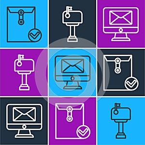 Set line Envelope and check mark, Monitor and envelope and Mail box icon. Vector