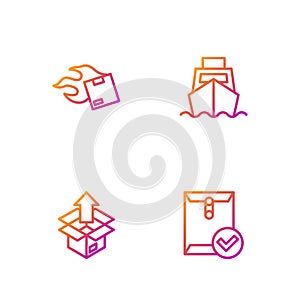 Set line Envelope and check mark, Unboxing, Carton cardboard and Cargo ship with boxes delivery. Gradient color icons