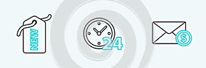 Set line Envelope with coin dollar, Price tag New and Clock 24 hours icon. Vector