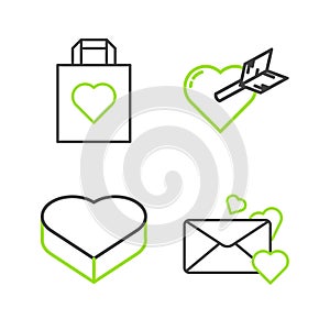 Set line Envelope with heart, Candy in shaped box, Amour arrow and Shopping bag icon. Vector