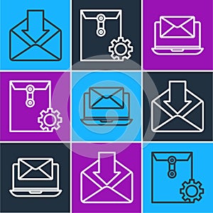 Set line Envelope, Laptop with envelope and Envelope setting icon. Vector