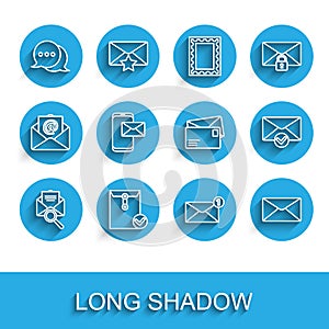 Set line Envelope with magnifying glass, and check mark, Speech bubble chat, Mobile envelope, and icon. Vector