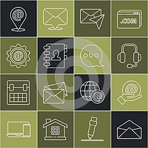 Set line Envelope, Mail and e-mail in hand, Headphones, Address book, Location and Speech bubble chat icon. Vector