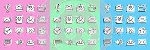 Set line Envelope, Outgoing mail, Drawer with document, Mail and e-mail, Address book, box and icon. Vector