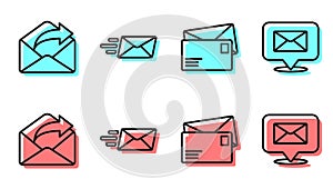 Set line Envelope, Outgoing mail, Express envelope and Speech bubble with envelope icon. Vector