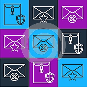Set line Envelope with shield, Delete envelope and Envelope with star icon. Vector