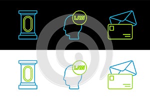 Set line Envelope, Stage stand or debate podium rostrum and Head with law icon. Vector