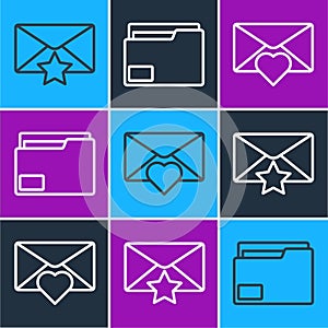 Set line Envelope with star, Envelope with Valentine heart and Document folder icon. Vector