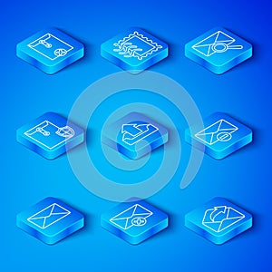 Set line Envelope, Upload inbox, Delete envelope, with magnifying glass, shield, and Outgoing mail icon. Vector