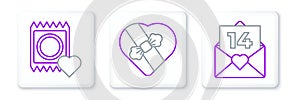 Set line Envelope with Valentine heart, Condom package and Candy shaped box icon. Vector