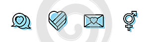Set line Envelope with Valentine heart, Heart speech bubble, Candy shaped box and Gender icon. Vector