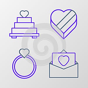 Set line Envelope with Valentine heart, Wedding rings, Candy shaped box and cake icon. Vector