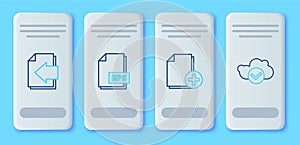 Set line EPS file document, Add new, Next page arrow and Cloud with check mark icon. Vector