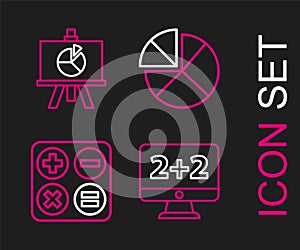 Set line Equation solution, Calculator, Graph, schedule, chart, diagram and Chalkboard with icon. Vector