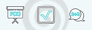 Set line Equation solution, Chalkboard and Square root icon. Vector