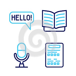 Set line Exam sheet, Microphone voice device, Open book and Hello in different languages icon. Vector
