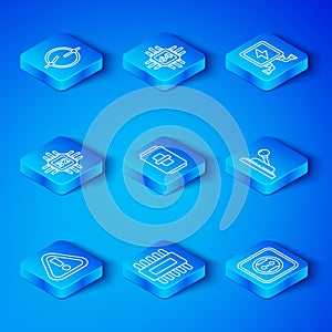 Set line Exclamation mark in triangle, Electric light switch, Processor with microcircuits CPU, Electrical panel