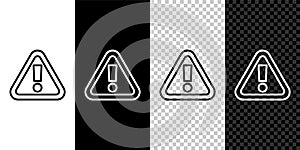Set line Exclamation mark in triangle icon isolated on black and white background. Hazard warning sign, careful