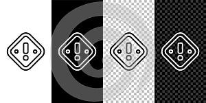 Set line Exclamation mark in triangle icon isolated on black and white, transparent background. Hazard warning sign