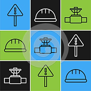 Set line Exclamation mark in triangle, Industry pipe and valve and Worker safety helmet icon. Vector