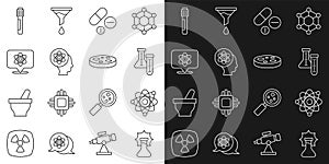 Set line Explosion in the flask, Atom, Test tube, Medicine pill or tablet, and Petri dish with bacteria icon. Vector