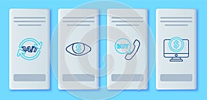 Set line Eye with dollar, Phone and speech bubble Buy, Clock 24 hours and Computer monitor icon. Vector