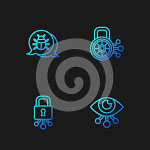 Set line Eye scan, Cyber security, System bug and . Gradient color icons. Vector