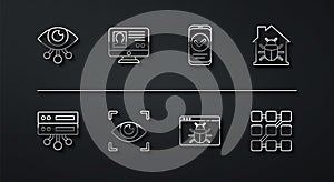 Set line Eye scan, Server, Data, Web Hosting, House system bug, System, Create account screen, Graphic password