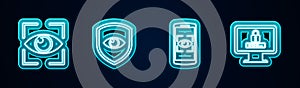Set line Eye scan, Shield and eye, Mobile and Monitor with password. Glowing neon icon. Vector