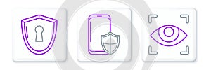 Set line Eye scan, Shield with keyhole and Smartphone security shield icon. Vector