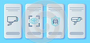 Set line Eye scan, System bug, Security camera and icon. Vector