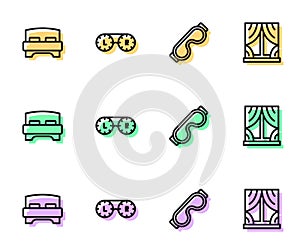 Set line Eye sleep mask, Big bed, Contact lens container and Window with curtains icon. Vector