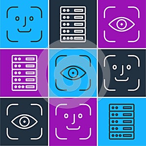 Set line Face recognition, Eye scan and Server, Data, Web Hosting icon. Vector