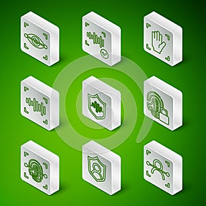 Set line Face recognition, User protection, Eye scan, Shield voice, Voice, Fingerprint and with lock icon. Vector