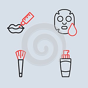 Set line Facial cosmetic mask, Makeup brush, Tube of hand cream and Lip augmentation icon. Vector