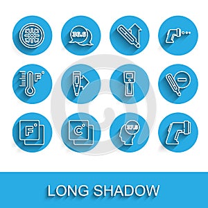 Set line Fahrenheit, Celsius, Snowflake, High human body temperature, Digital thermometer, Medical and icon. Vector