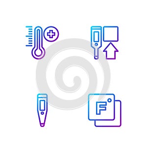 Set line Fahrenheit, Digital thermometer, Meteorology and . Gradient color icons. Vector