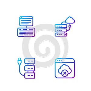 Set line Failed access cloud storage, Server, Server, Data, Web Hosting and Network connection. Gradient color icons