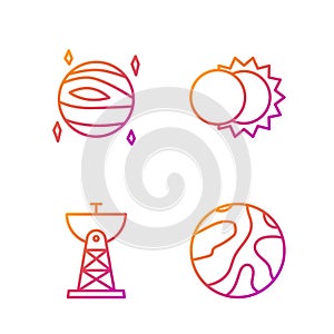 Set line Falling stars, Satellite dish, Planet Venus and Eclipse of the sun. Gradient color icons. Vector