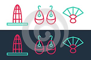 Set line Fan flamenco, Agbar tower and Earrings icon. Vector