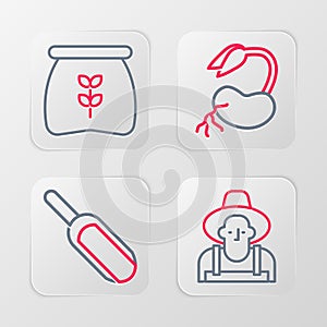 Set line Farmer in the hat, Scoop flour, Sprout and Bag of icon. Vector