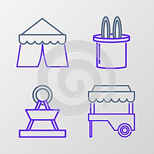 Set line Fast street food cart with awning, Attraction carousel, Magician hat and rabbit ears and Circus tent icon