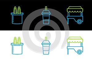 Set line Fast street food cart with awning, Magician hat and rabbit ears and Paper glass drinking straw water icon