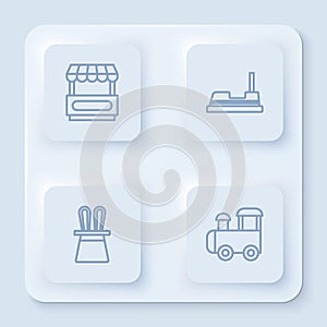 Set line Fast street food cart, Bumper, Magician hat and rabbit ears and Toy train. White square button. Vector