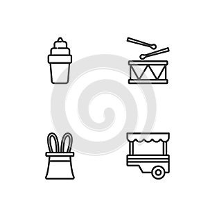 Set line Fast street food cart, Magician hat and rabbit ears, Ice cream in waffle and Drum with drum sticks icon. Vector