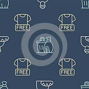 Set line Feeding the homeless, Clothes donation and Trash can on seamless pattern. Vector