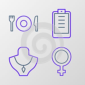 Set line Female gender symbol, Necklace on mannequin, Clipboard with checklist and Plate, fork and knife icon. Vector