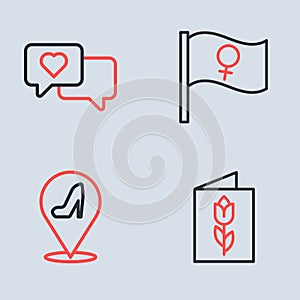Set line Feminist activist, Woman shoe, Greeting card with 8 March and Heart speech bubble icon. Vector